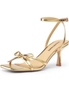 Dream Pairs Women's Gold Kitten High Heels Sandals Square Toe Strappy Bow Shoes